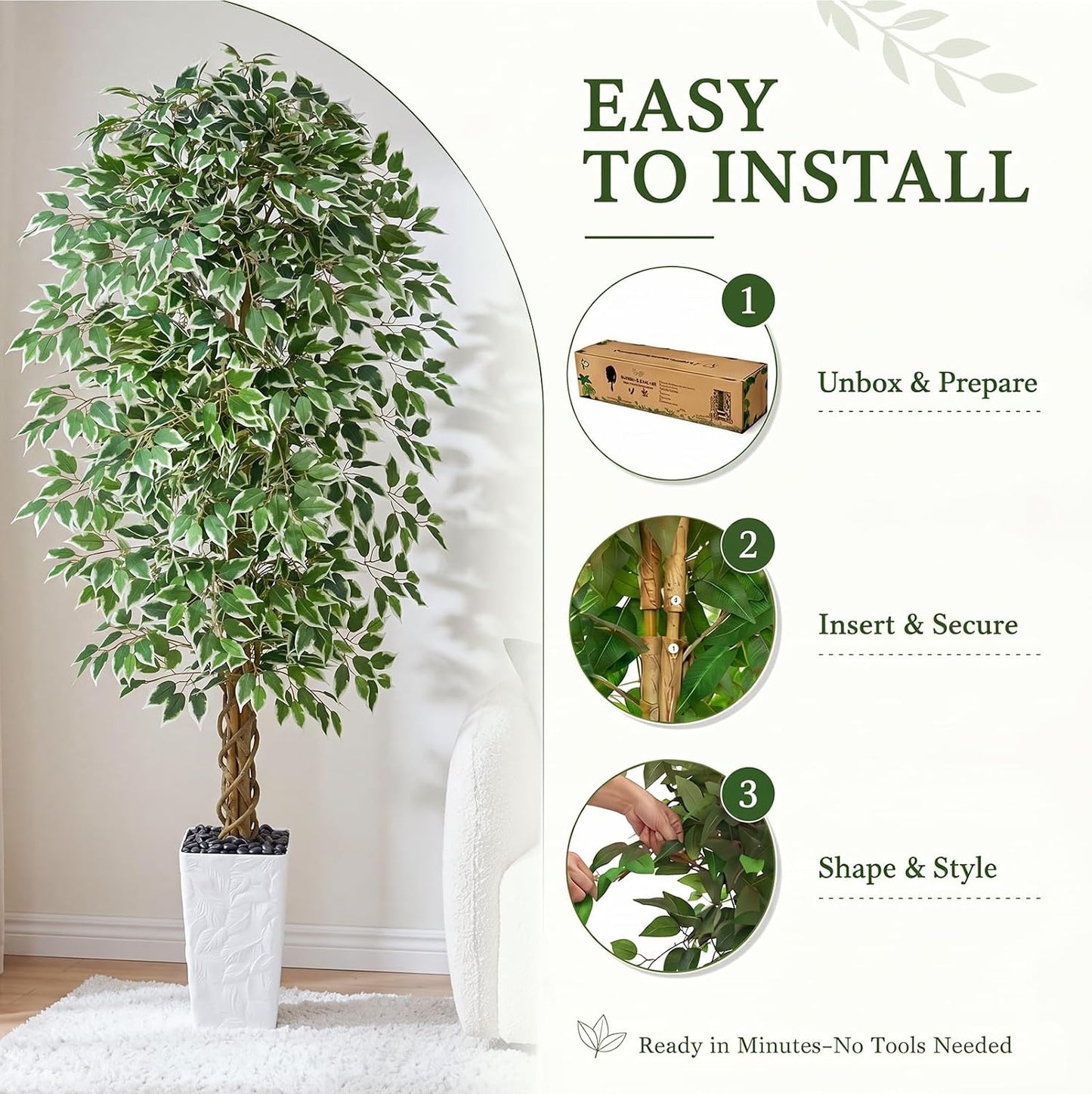 6FT Artificial Ficus Tree Indoor, Large Fake Ficus Tree with Natural Wood Trunk & Realistic Silk Leaves, Tall Faux Tree for Living Room, Office, Home Decor, White Pot Included