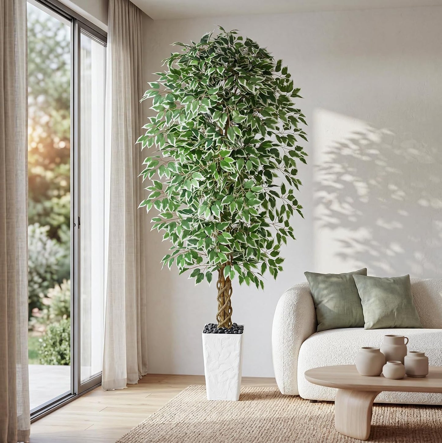 6FT Artificial Ficus Tree Indoor, Large Fake Ficus Tree with Natural Wood Trunk & Realistic Silk Leaves, Tall Faux Tree for Living Room, Office, Home Decor, White Pot Included