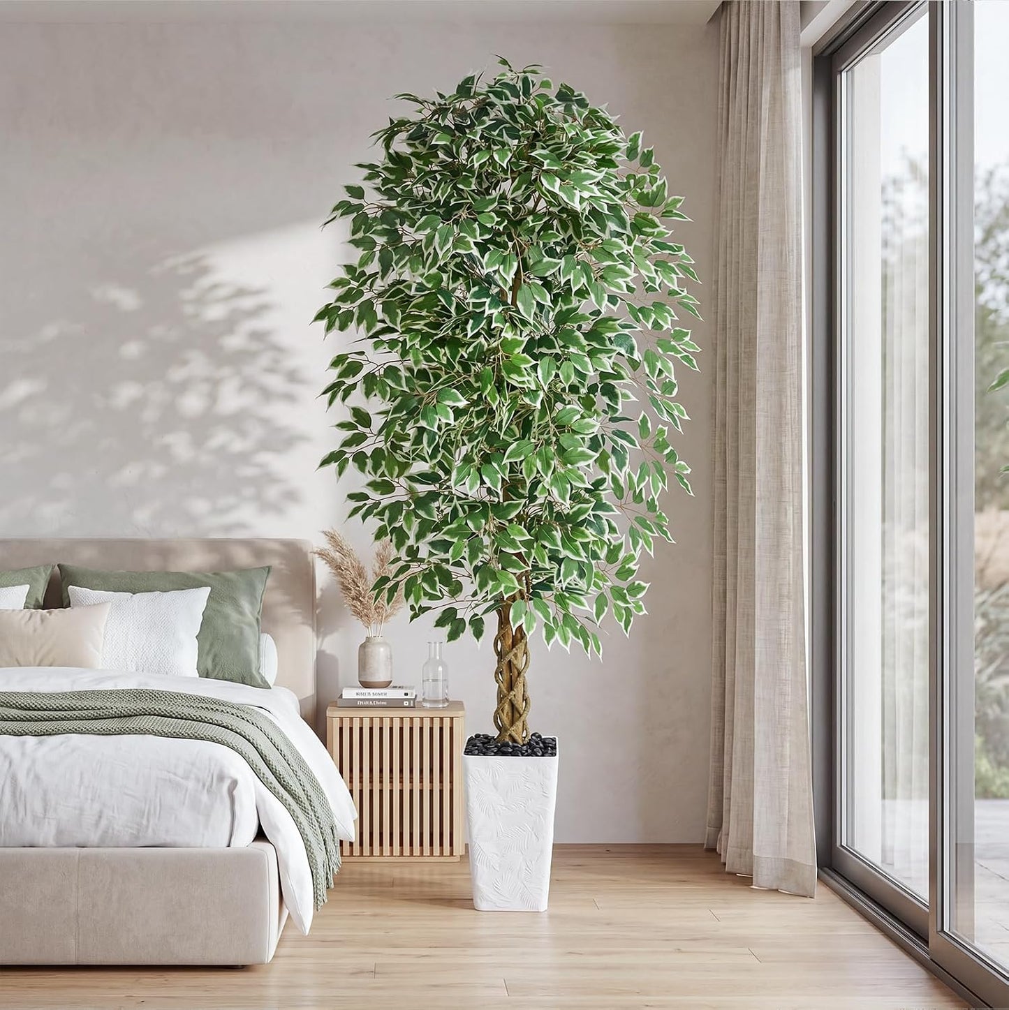 6FT Artificial Ficus Tree Indoor, Large Fake Ficus Tree with Natural Wood Trunk & Realistic Silk Leaves, Tall Faux Tree for Living Room, Office, Home Decor, White Pot Included