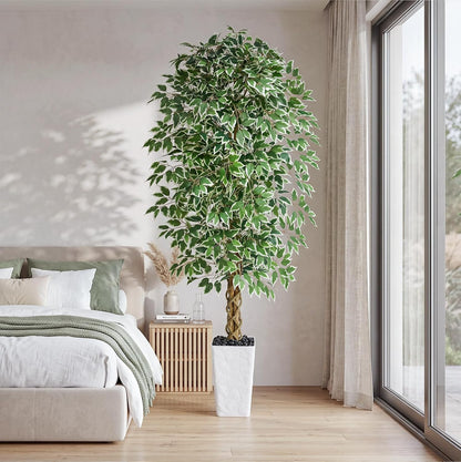 6FT Artificial Ficus Tree Indoor, Large Fake Ficus Tree with Natural Wood Trunk & Realistic Silk Leaves, Tall Faux Tree for Living Room, Office, Home Decor, White Pot Included