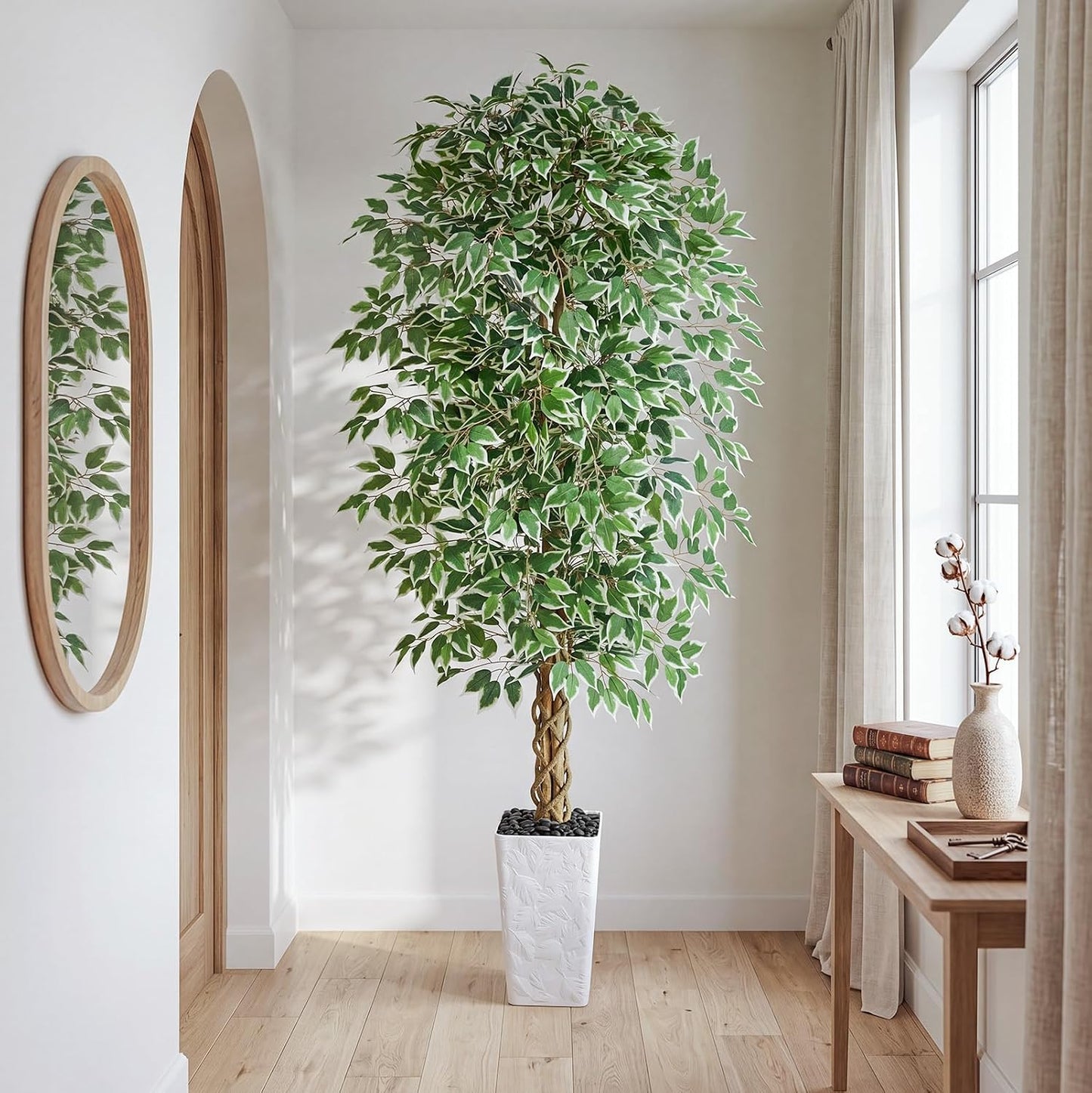 6FT Artificial Ficus Tree Indoor, Large Fake Ficus Tree with Natural Wood Trunk & Realistic Silk Leaves, Tall Faux Tree for Living Room, Office, Home Decor, White Pot Included