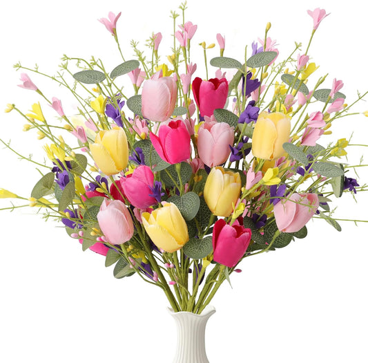Artificial Spring Flowers 12 Pack Spring Flower Stems 17 Inch Floral Picks with Green Eucalyptus Leaves Pink Tulips Yellow Forsythia for Centerpieces Arrangements Summer Easter Decor