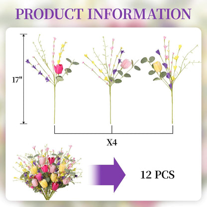 Artificial Spring Flowers 12 Pack Spring Flower Stems 17 Inch Floral Picks with Green Eucalyptus Leaves Pink Tulips Yellow Forsythia for Centerpieces Arrangements Summer Easter Decor