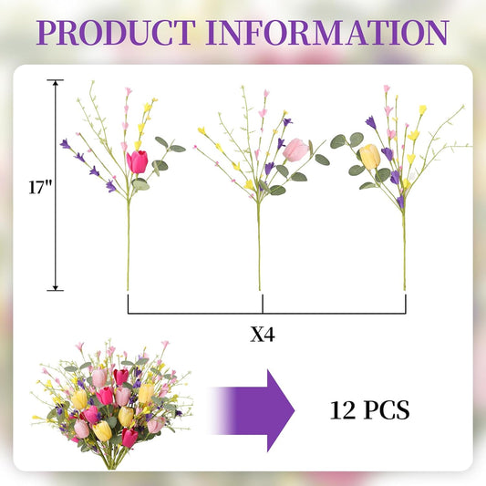 Artificial Spring Flowers 12 Pack Spring Flower Stems 17 Inch Floral Picks with Green Eucalyptus Leaves Pink Tulips Yellow Forsythia for Centerpieces Arrangements Summer Easter Decor