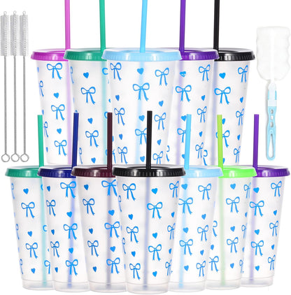 24 oz Reusable Plastic Cups, Custom Cups for Party with Lids and Straws, 12 Pack Iced Coffee Travel Mugs or Mean Girls Party Tumblers, Leak-Proof Coffee Travel Mug (12, Yellow)