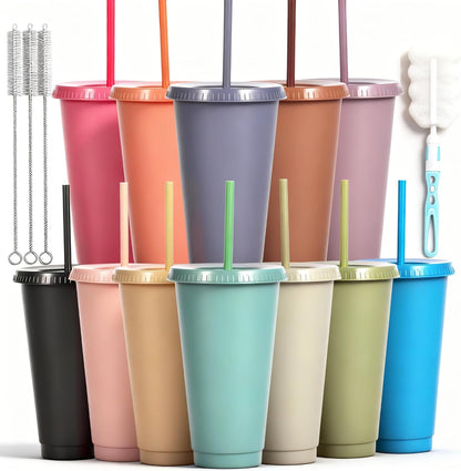 24 oz Reusable Plastic Cups, Custom Cups for Party with Lids and Straws, 12 Pack Iced Coffee Travel Mugs or Mean Girls Party Tumblers, Leak-Proof Coffee Travel Mug (12, Yellow)