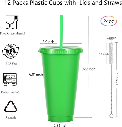 24 oz Reusable Plastic Cups, Custom Cups for Party with Lids and Straws, 12 Pack Iced Coffee Travel Mugs or Mean Girls Party Tumblers, Leak-Proof Coffee Travel Mug (12, Yellow)