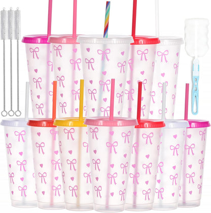 24 oz Reusable Plastic Cups, Custom Cups for Party with Lids and Straws, 12 Pack Iced Coffee Travel Mugs or Mean Girls Party Tumblers, Leak-Proof Coffee Travel Mug (12, Yellow)