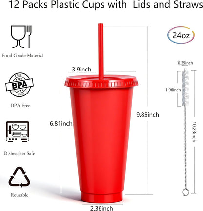 24 oz Reusable Plastic Cups, Custom Cups for Party with Lids and Straws, 12 Pack Iced Coffee Travel Mugs or Mean Girls Party Tumblers, Leak-Proof Coffee Travel Mug (12, Yellow)
