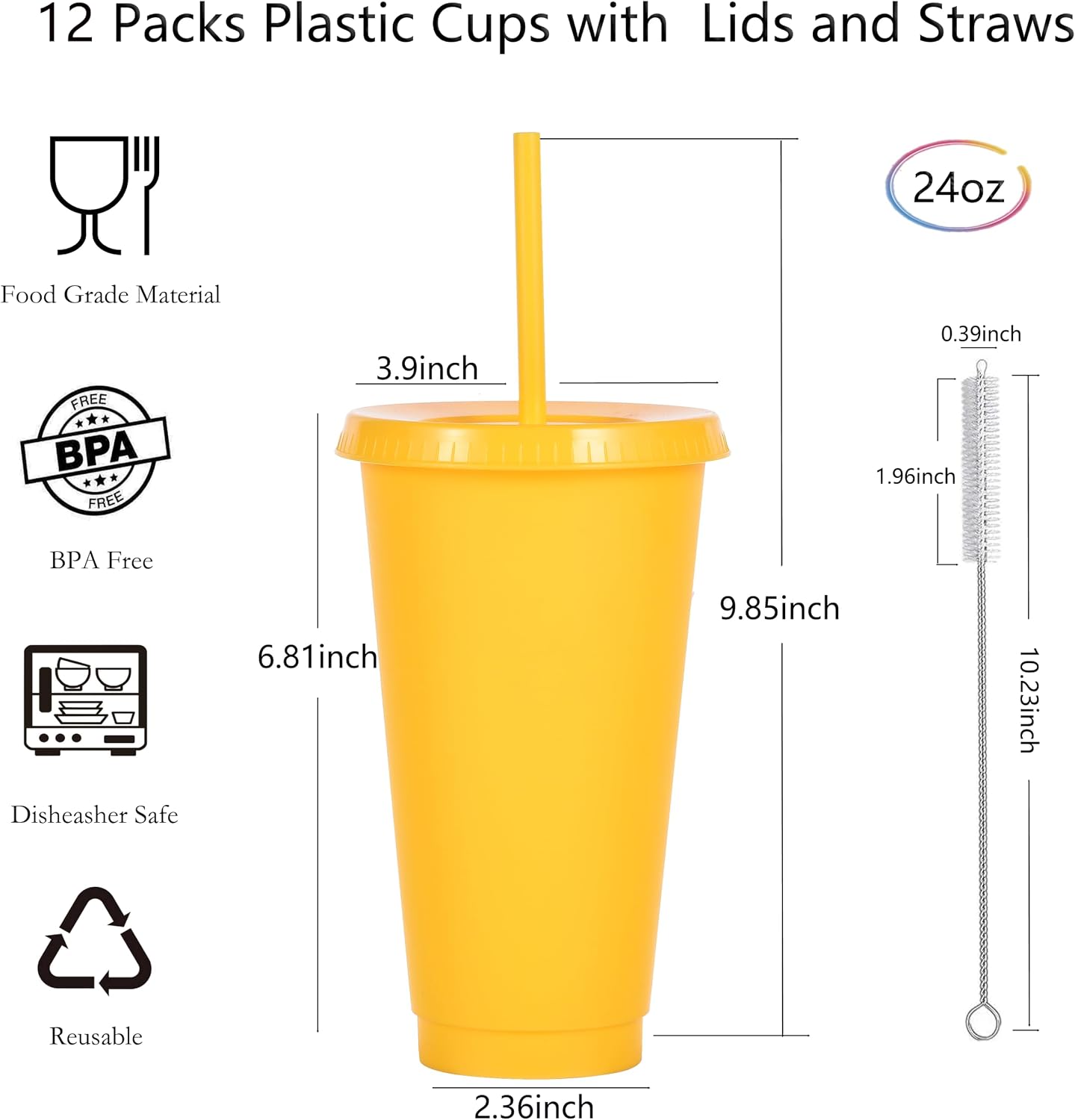 24 oz Reusable Plastic Cups, Custom Cups for Party with Lids and Straws, 12 Pack Iced Coffee Travel Mugs or Mean Girls Party Tumblers, Leak-Proof Coffee Travel Mug (12, Yellow)