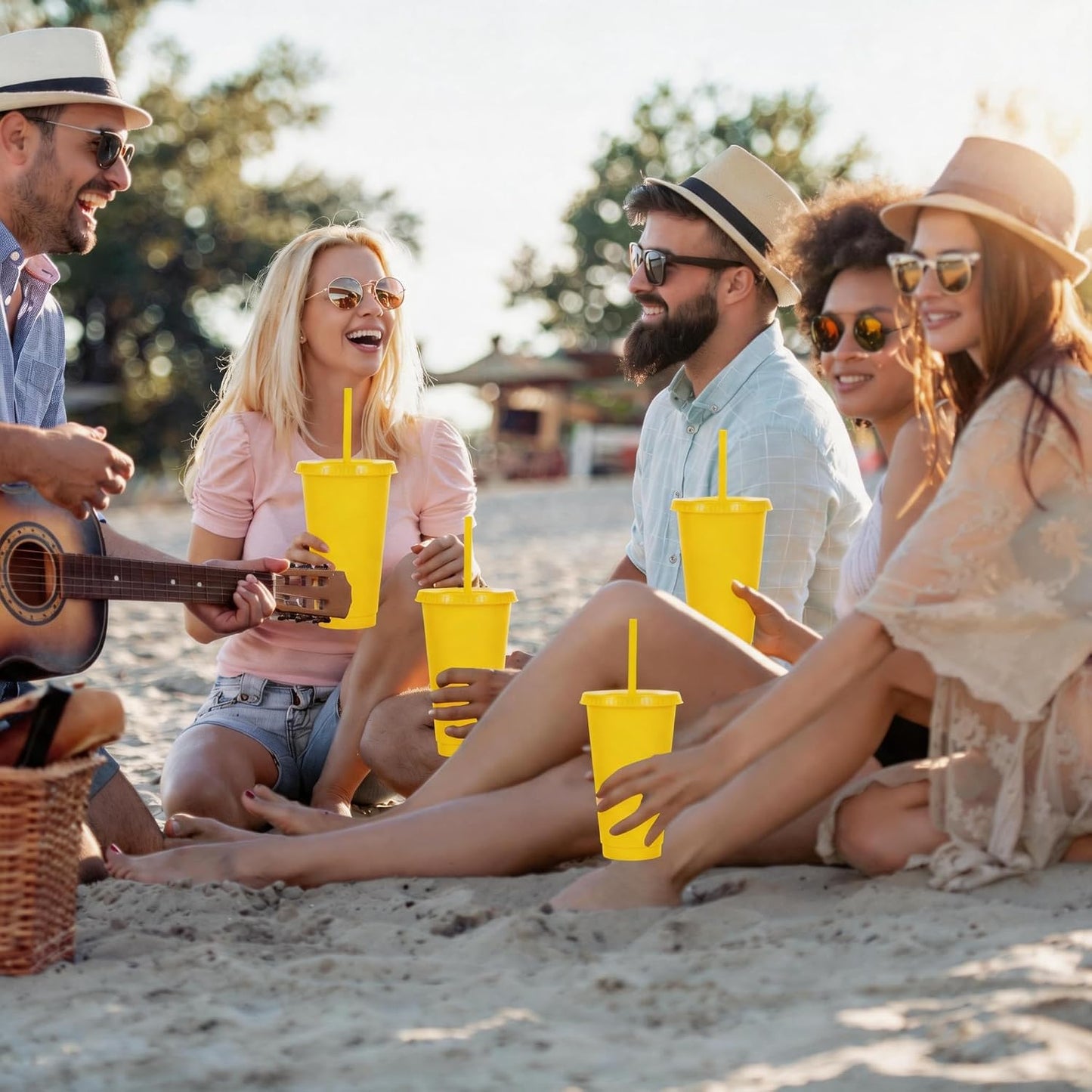 24 oz Reusable Plastic Cups, Custom Cups for Party with Lids and Straws, 12 Pack Iced Coffee Travel Mugs or Mean Girls Party Tumblers, Leak-Proof Coffee Travel Mug (12, Yellow)