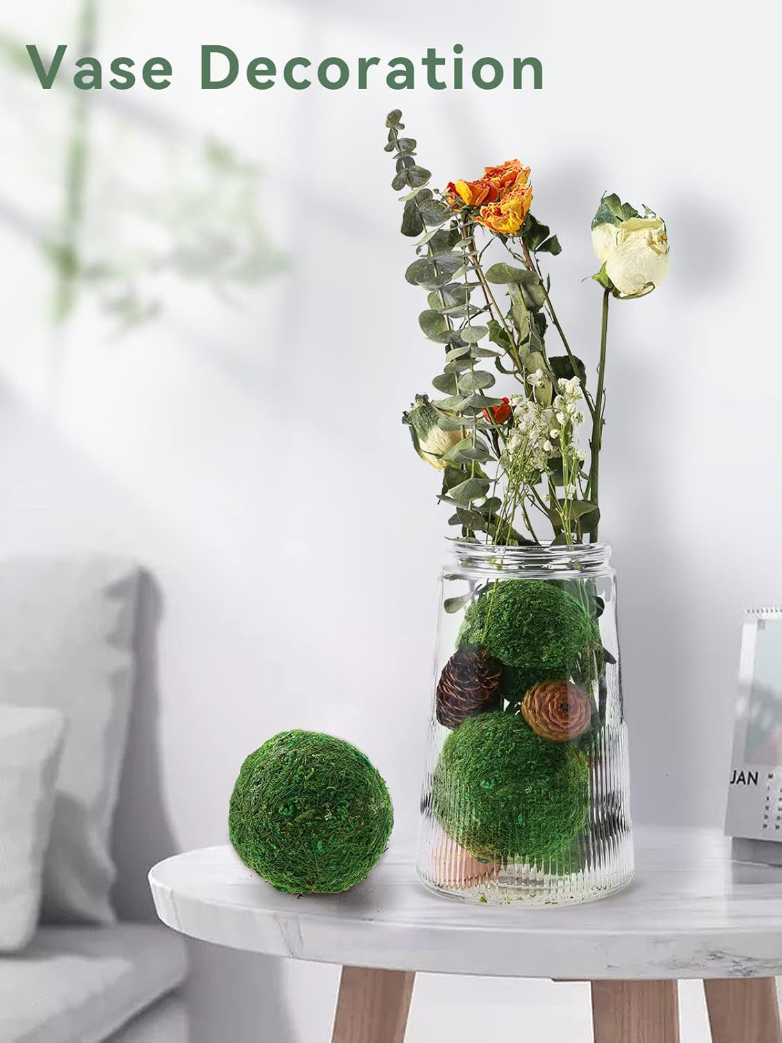 18 Pack Decorative Faux Dried Moss Balls- 6pcs 3.1" Artificial Green Plant Mossy Globes+ 12pcs 2.2" Handmade Sphere Moss Gift for Home Dough Bowl Vase Chinoiserie Decors Party Wedding Display