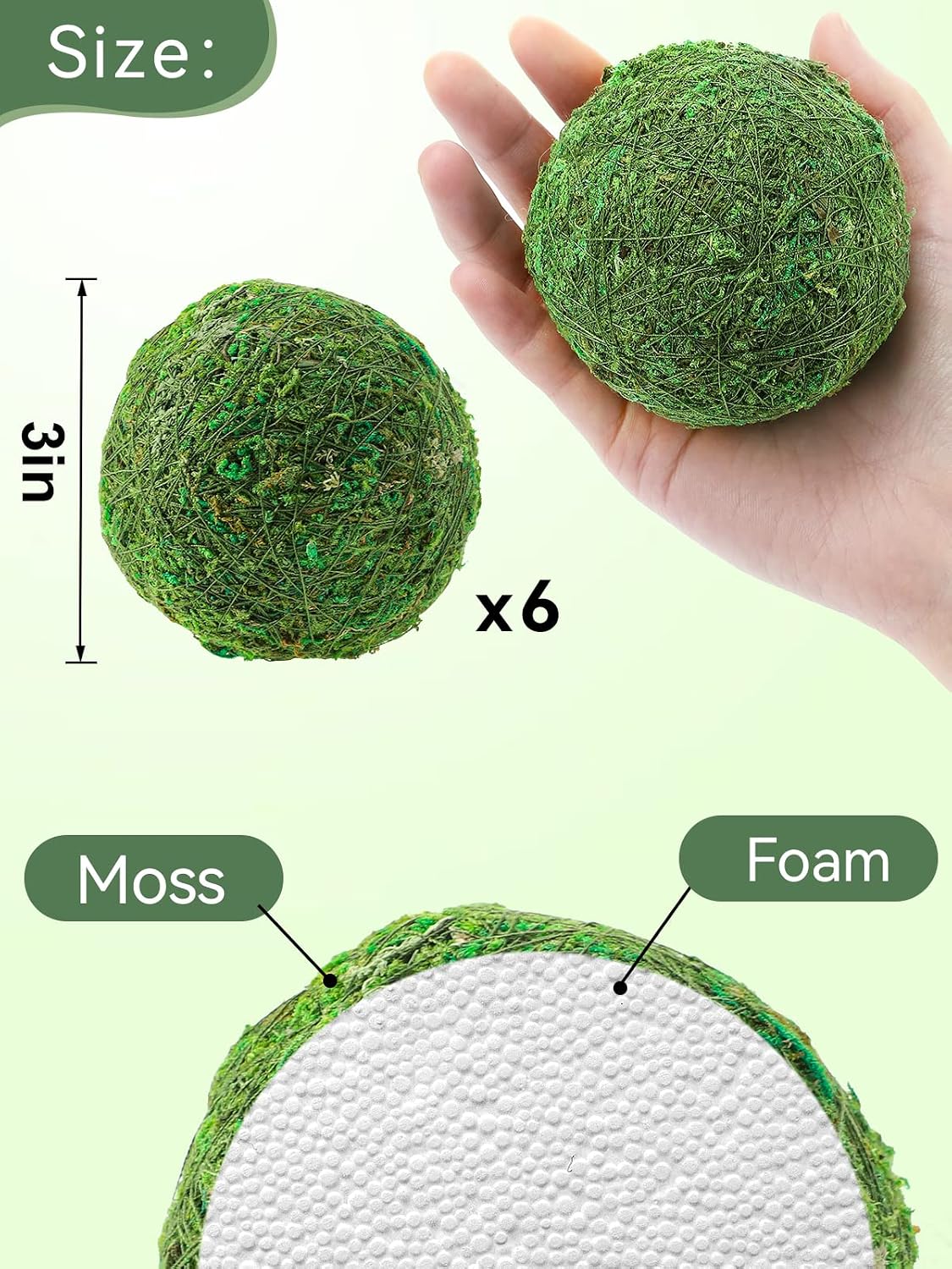 18 Pack Decorative Faux Dried Moss Balls- 6pcs 3.1" Artificial Green Plant Mossy Globes+ 12pcs 2.2" Handmade Sphere Moss Gift for Home Dough Bowl Vase Chinoiserie Decors Party Wedding Display