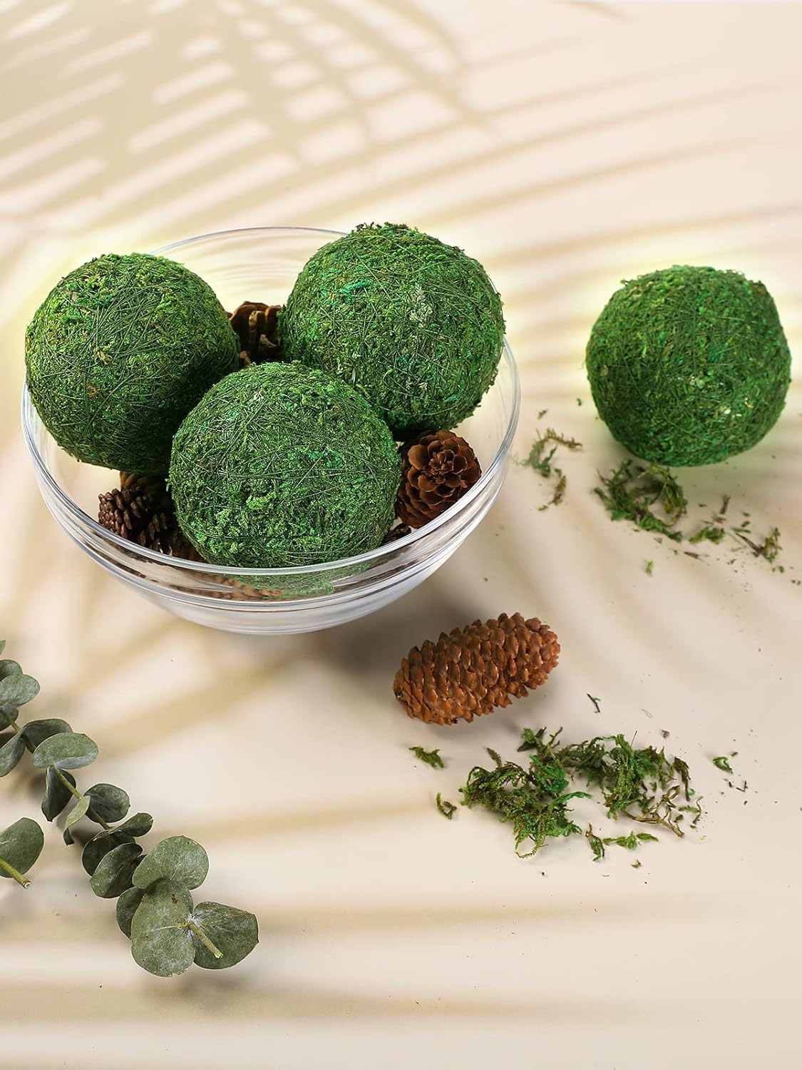 18 Pack Decorative Faux Dried Moss Balls- 6pcs 3.1" Artificial Green Plant Mossy Globes+ 12pcs 2.2" Handmade Sphere Moss Gift for Home Dough Bowl Vase Chinoiserie Decors Party Wedding Display