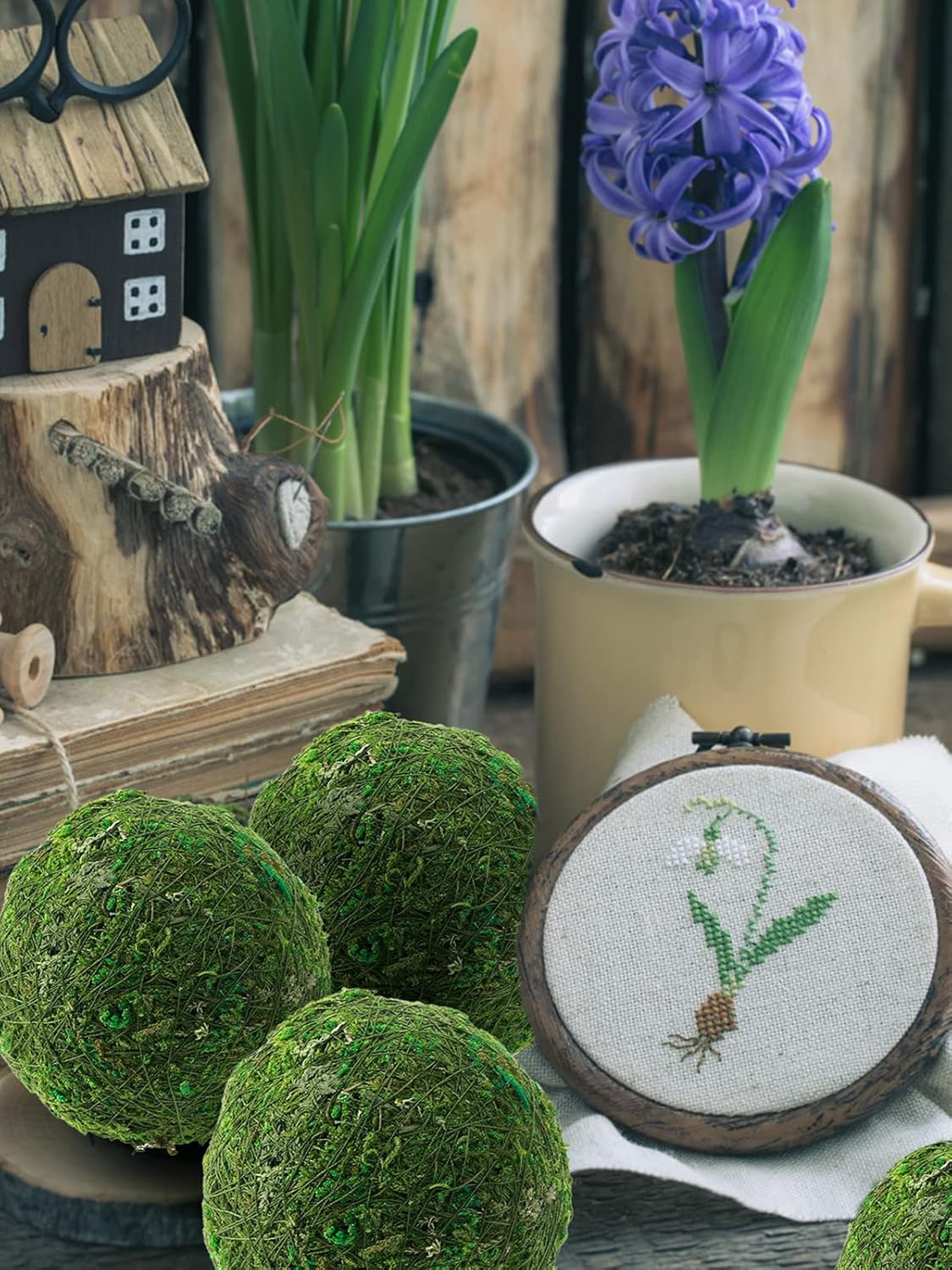 18 Pack Decorative Faux Dried Moss Balls- 6pcs 3.1" Artificial Green Plant Mossy Globes+ 12pcs 2.2" Handmade Sphere Moss Gift for Home Dough Bowl Vase Chinoiserie Decors Party Wedding Display