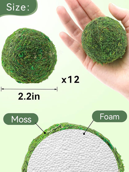 18 Pack Decorative Faux Dried Moss Balls- 6pcs 3.1" Artificial Green Plant Mossy Globes+ 12pcs 2.2" Handmade Sphere Moss Gift for Home Dough Bowl Vase Chinoiserie Decors Party Wedding Display