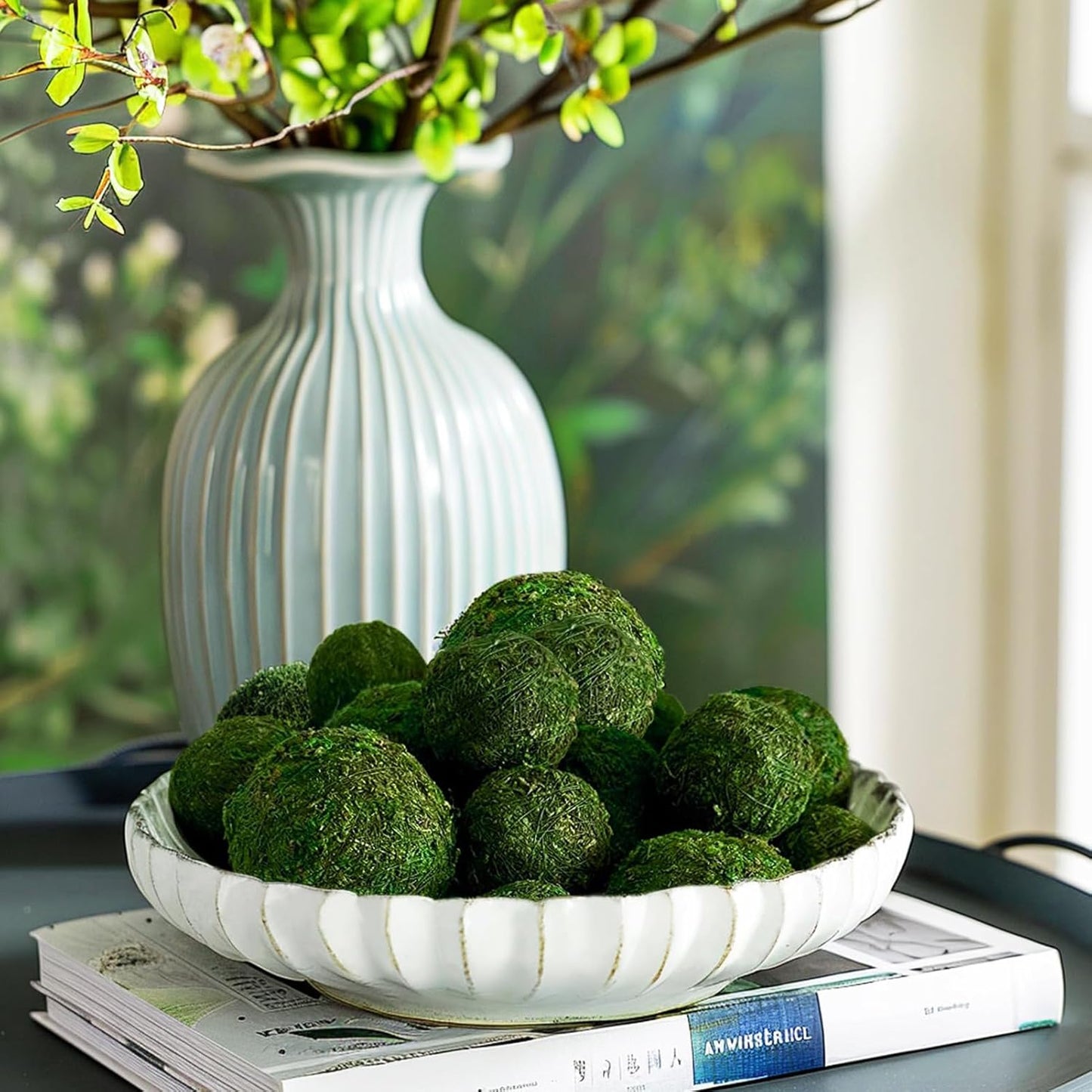 18 Pack Decorative Faux Dried Moss Balls- 6pcs 3.1" Artificial Green Plant Mossy Globes+ 12pcs 2.2" Handmade Sphere Moss Gift for Home Dough Bowl Vase Chinoiserie Decors Party Wedding Display