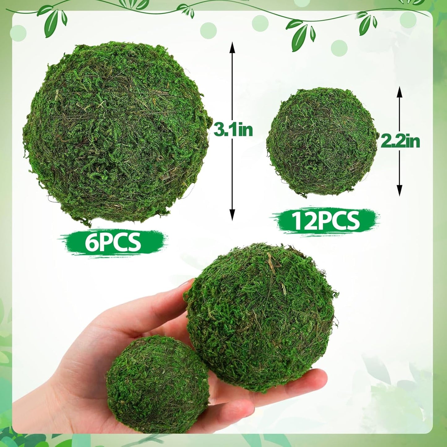 18 Pack Decorative Faux Dried Moss Balls- 6pcs 3.1" Artificial Green Plant Mossy Globes+ 12pcs 2.2" Handmade Sphere Moss Gift for Home Dough Bowl Vase Chinoiserie Decors Party Wedding Display