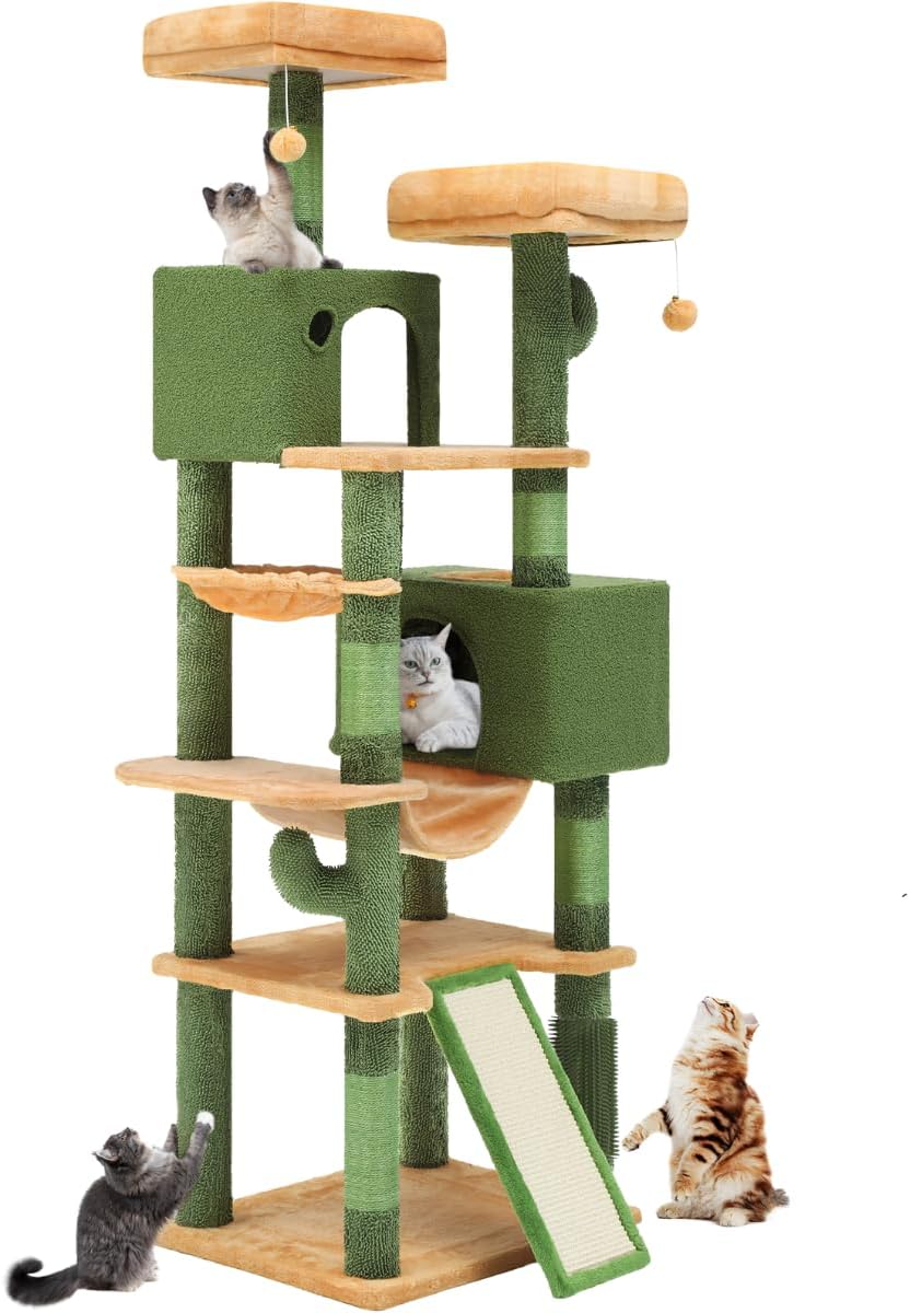 37in Tall Cactus Cat Tree Tower | Cat Tower with Self-Grooming Brush, Kitty Condo Plush Platform Hammock Sisal Scratching Posts Dangling Ball