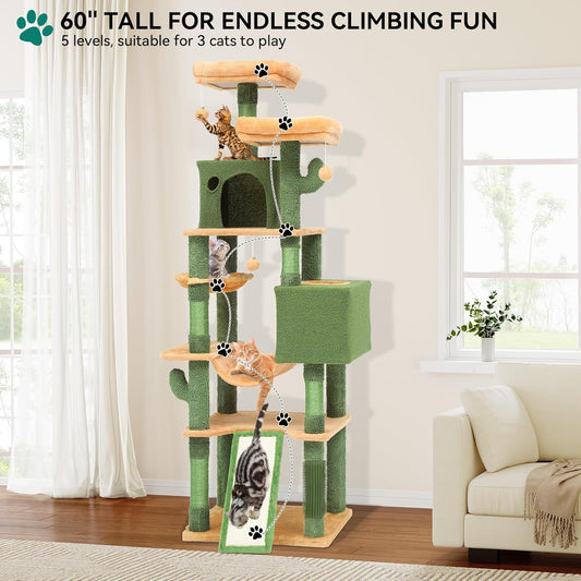 37in Tall Cactus Cat Tree Tower | Cat Tower with Self-Grooming Brush, Kitty Condo Plush Platform Hammock Sisal Scratching Posts Dangling Ball