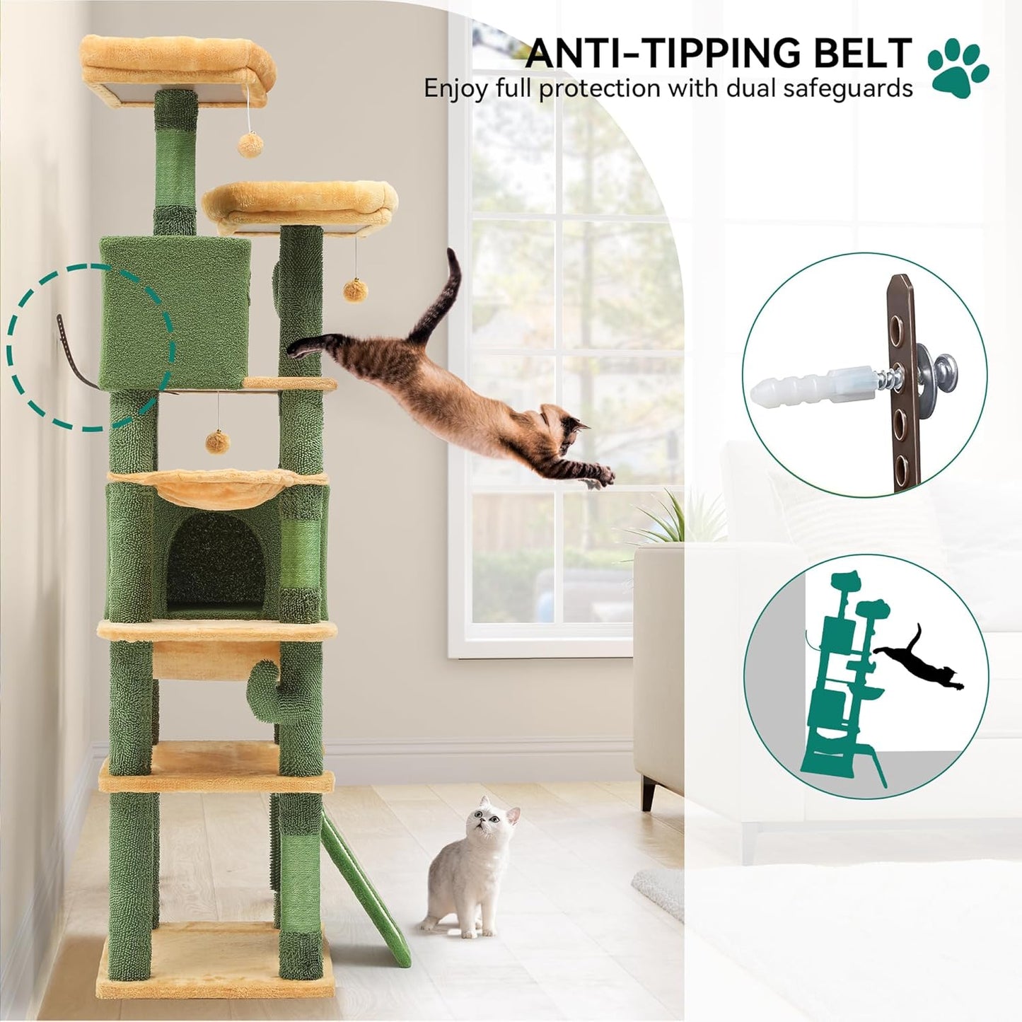 37in Tall Cactus Cat Tree Tower | Cat Tower with Self-Grooming Brush, Kitty Condo Plush Platform Hammock Sisal Scratching Posts Dangling Ball