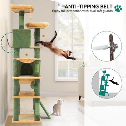 37in Tall Cactus Cat Tree Tower | Cat Tower with Self-Grooming Brush, Kitty Condo Plush Platform Hammock Sisal Scratching Posts Dangling Ball