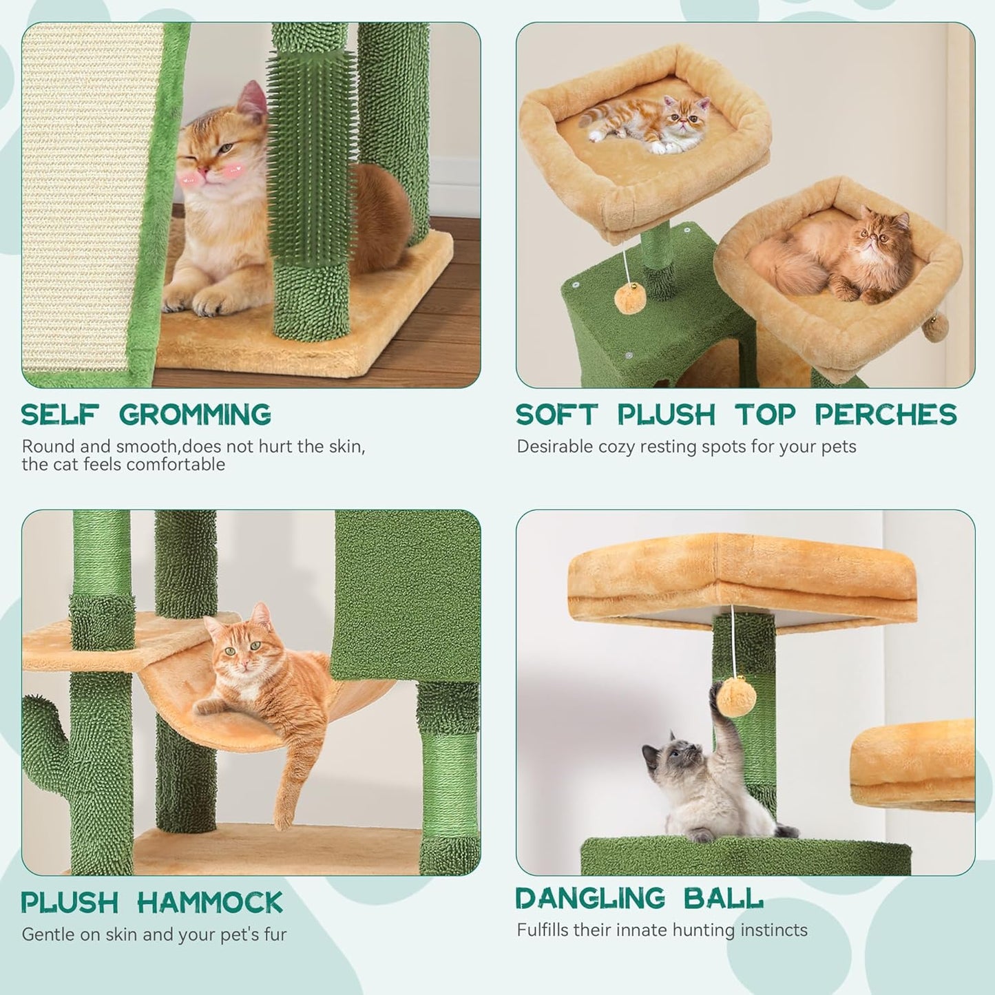 37in Tall Cactus Cat Tree Tower | Cat Tower with Self-Grooming Brush, Kitty Condo Plush Platform Hammock Sisal Scratching Posts Dangling Ball