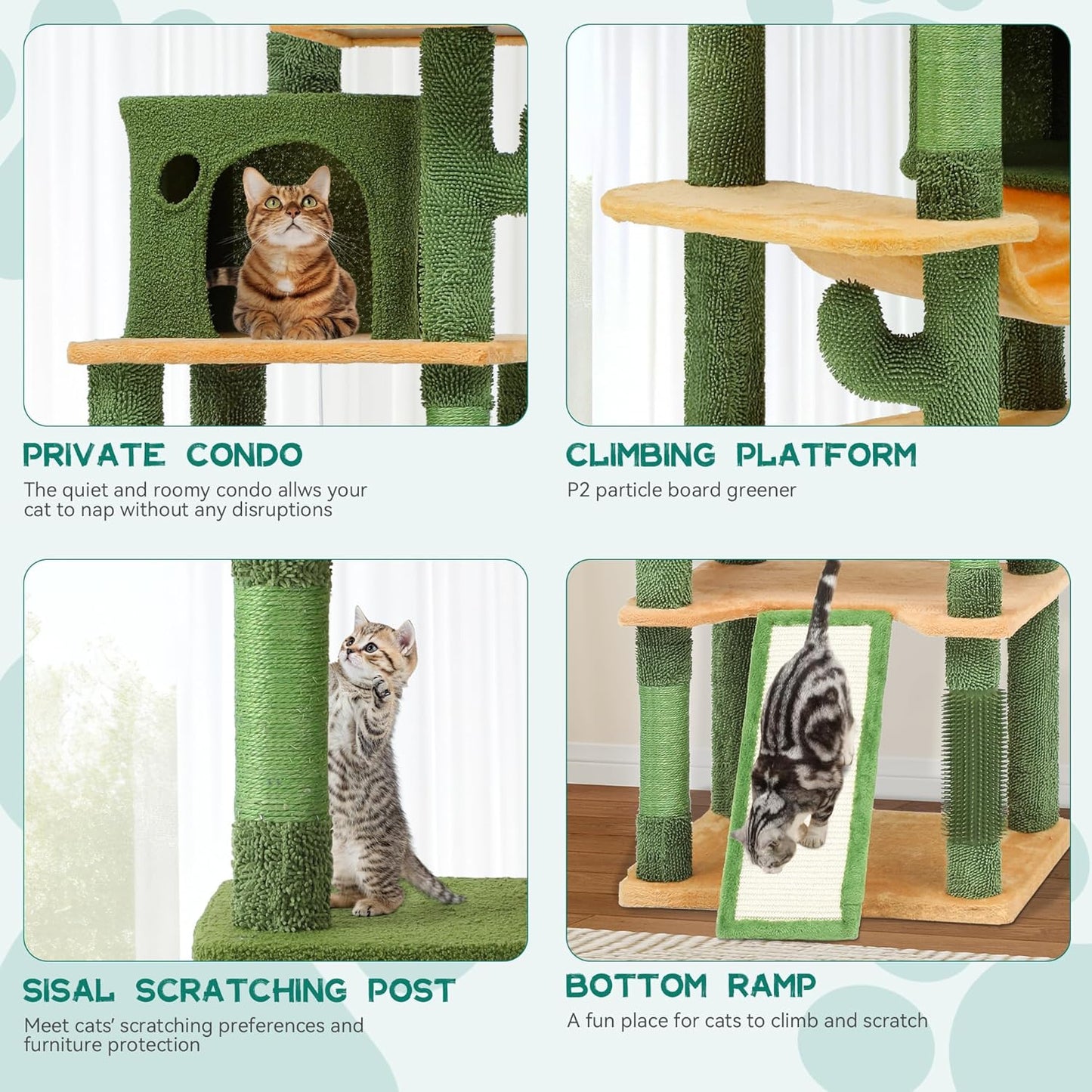 37in Tall Cactus Cat Tree Tower | Cat Tower with Self-Grooming Brush, Kitty Condo Plush Platform Hammock Sisal Scratching Posts Dangling Ball