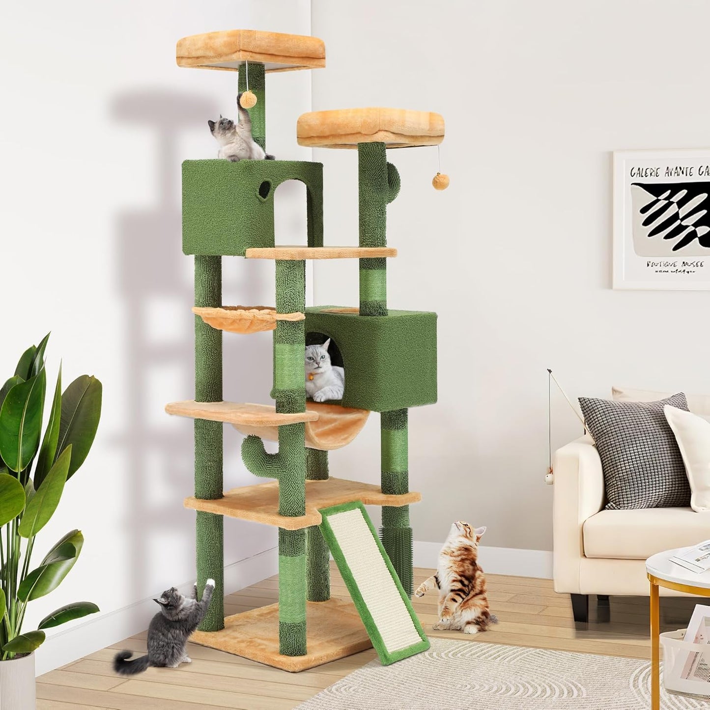 37in Tall Cactus Cat Tree Tower | Cat Tower with Self-Grooming Brush, Kitty Condo Plush Platform Hammock Sisal Scratching Posts Dangling Ball