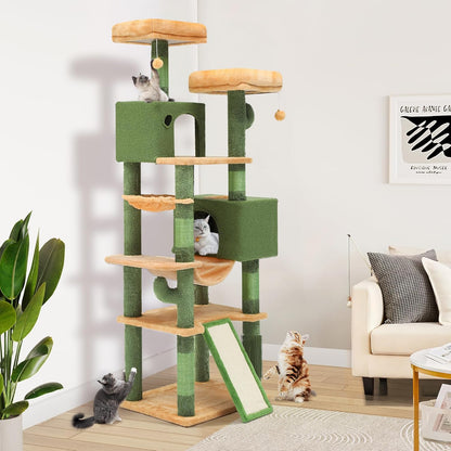 37in Tall Cactus Cat Tree Tower | Cat Tower with Self-Grooming Brush, Kitty Condo Plush Platform Hammock Sisal Scratching Posts Dangling Ball