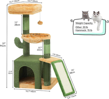 37in Tall Cactus Cat Tree Tower | Cat Tower with Self-Grooming Brush, Kitty Condo Plush Platform Hammock Sisal Scratching Posts Dangling Ball