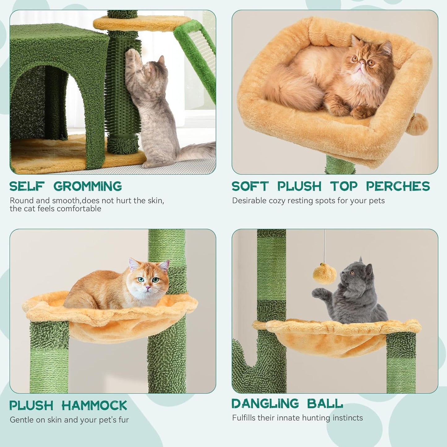 37in Tall Cactus Cat Tree Tower | Cat Tower with Self-Grooming Brush, Kitty Condo Plush Platform Hammock Sisal Scratching Posts Dangling Ball