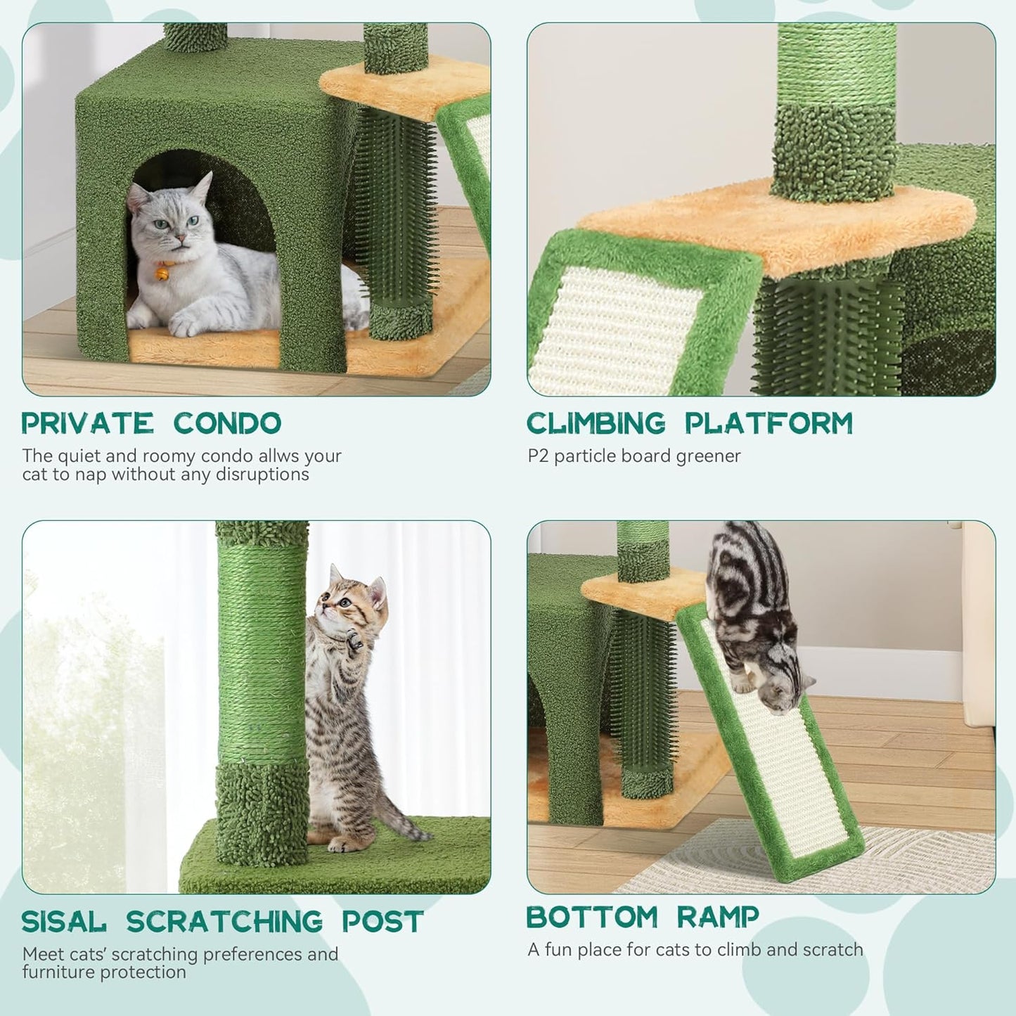 37in Tall Cactus Cat Tree Tower | Cat Tower with Self-Grooming Brush, Kitty Condo Plush Platform Hammock Sisal Scratching Posts Dangling Ball