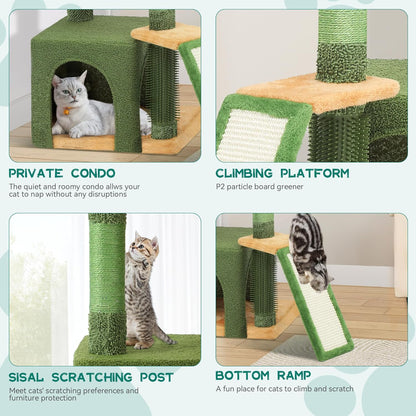 37in Tall Cactus Cat Tree Tower | Cat Tower with Self-Grooming Brush, Kitty Condo Plush Platform Hammock Sisal Scratching Posts Dangling Ball