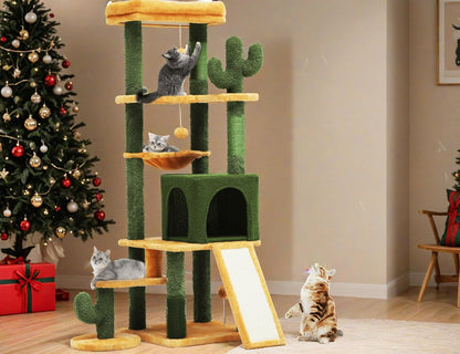 37in Tall Cactus Cat Tree Tower | Cat Tower with Self-Grooming Brush, Kitty Condo Plush Platform Hammock Sisal Scratching Posts Dangling Ball