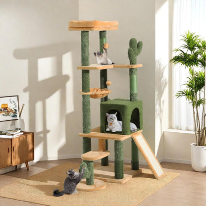 37in Tall Cactus Cat Tree Tower | Cat Tower with Self-Grooming Brush, Kitty Condo Plush Platform Hammock Sisal Scratching Posts Dangling Ball