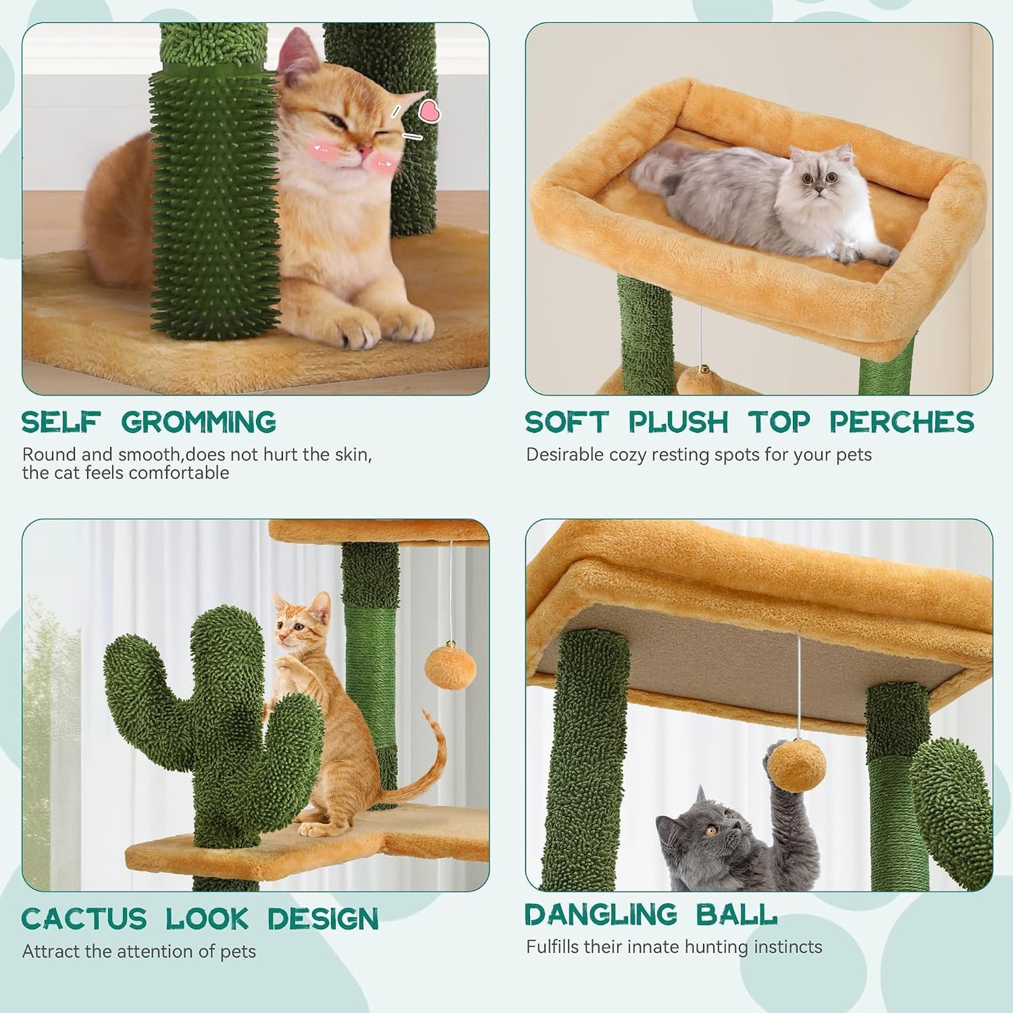37in Tall Cactus Cat Tree Tower | Cat Tower with Self-Grooming Brush, Kitty Condo Plush Platform Hammock Sisal Scratching Posts Dangling Ball