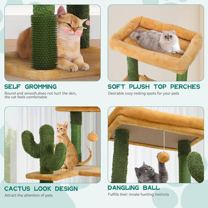 37in Tall Cactus Cat Tree Tower | Cat Tower with Self-Grooming Brush, Kitty Condo Plush Platform Hammock Sisal Scratching Posts Dangling Ball