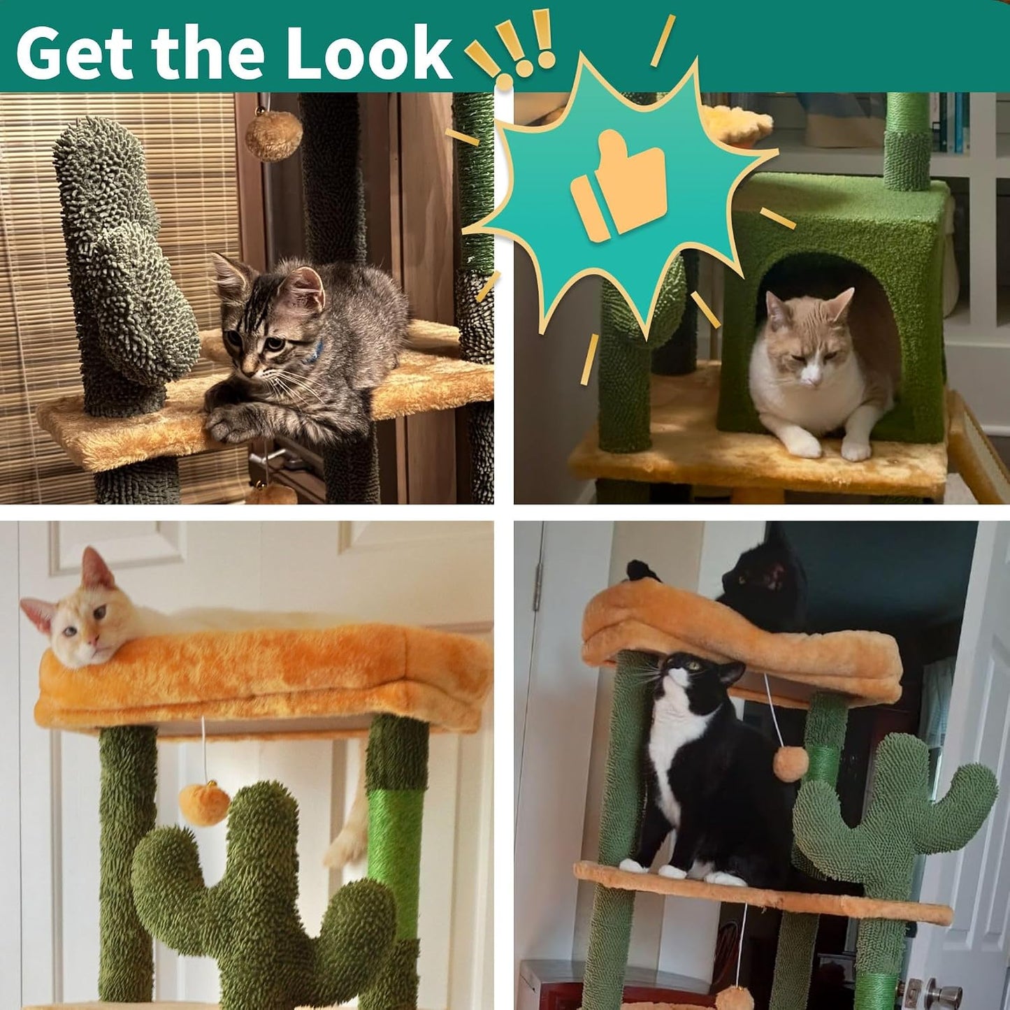 37in Tall Cactus Cat Tree Tower | Cat Tower with Self-Grooming Brush, Kitty Condo Plush Platform Hammock Sisal Scratching Posts Dangling Ball