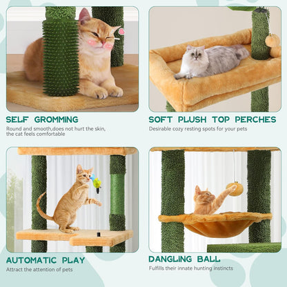 37in Tall Cactus Cat Tree Tower | Cat Tower with Self-Grooming Brush, Kitty Condo Plush Platform Hammock Sisal Scratching Posts Dangling Ball
