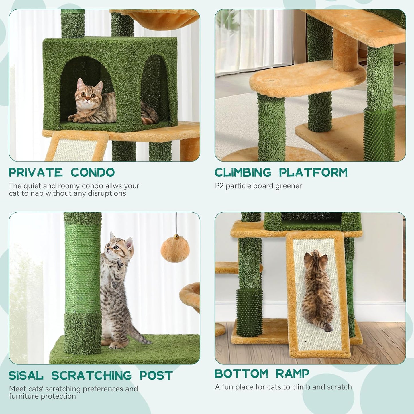 37in Tall Cactus Cat Tree Tower | Cat Tower with Self-Grooming Brush, Kitty Condo Plush Platform Hammock Sisal Scratching Posts Dangling Ball