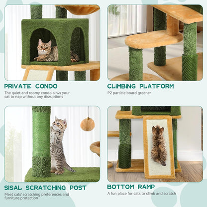 37in Tall Cactus Cat Tree Tower | Cat Tower with Self-Grooming Brush, Kitty Condo Plush Platform Hammock Sisal Scratching Posts Dangling Ball
