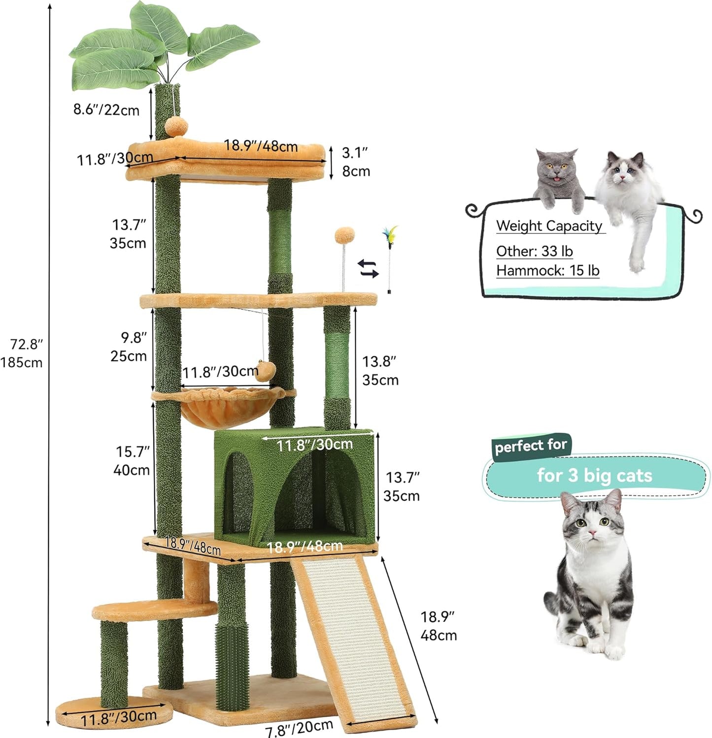 37in Tall Cactus Cat Tree Tower | Cat Tower with Self-Grooming Brush, Kitty Condo Plush Platform Hammock Sisal Scratching Posts Dangling Ball