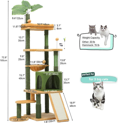 37in Tall Cactus Cat Tree Tower | Cat Tower with Self-Grooming Brush, Kitty Condo Plush Platform Hammock Sisal Scratching Posts Dangling Ball