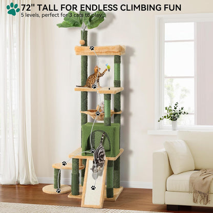 37in Tall Cactus Cat Tree Tower | Cat Tower with Self-Grooming Brush, Kitty Condo Plush Platform Hammock Sisal Scratching Posts Dangling Ball