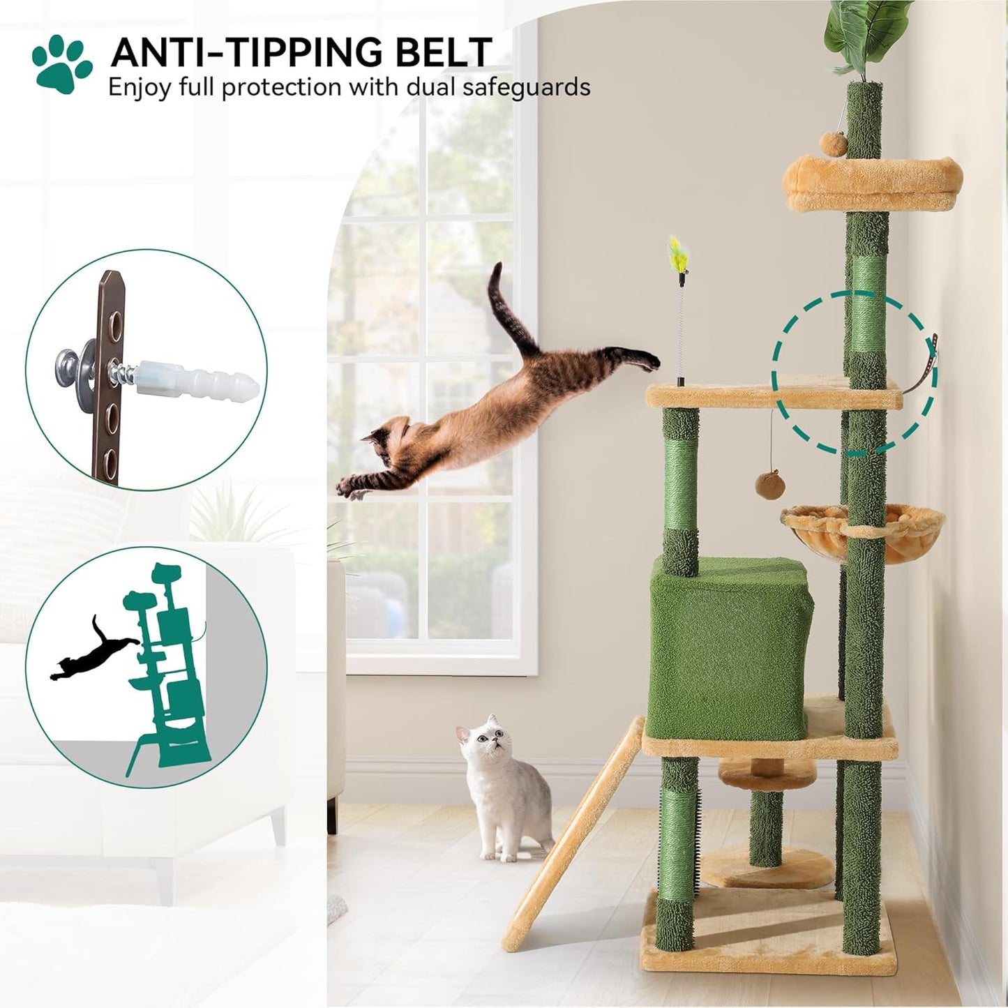 37in Tall Cactus Cat Tree Tower | Cat Tower with Self-Grooming Brush, Kitty Condo Plush Platform Hammock Sisal Scratching Posts Dangling Ball