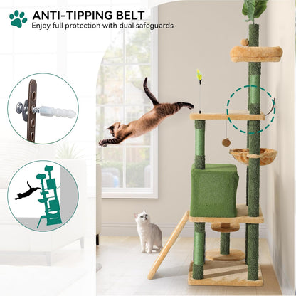 37in Tall Cactus Cat Tree Tower | Cat Tower with Self-Grooming Brush, Kitty Condo Plush Platform Hammock Sisal Scratching Posts Dangling Ball