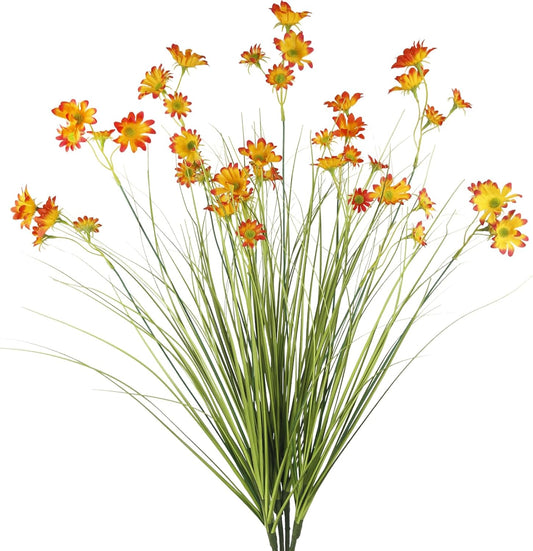 4 Pcs Artificial Plants Onion Grass Outdoor 37" Fake Tall Grass with Daisy Wildflowers Orange Artificial Wheat Grass Faux Shrubs Bush Greenery Stems for Indoor Garden Outside Office Home Decor