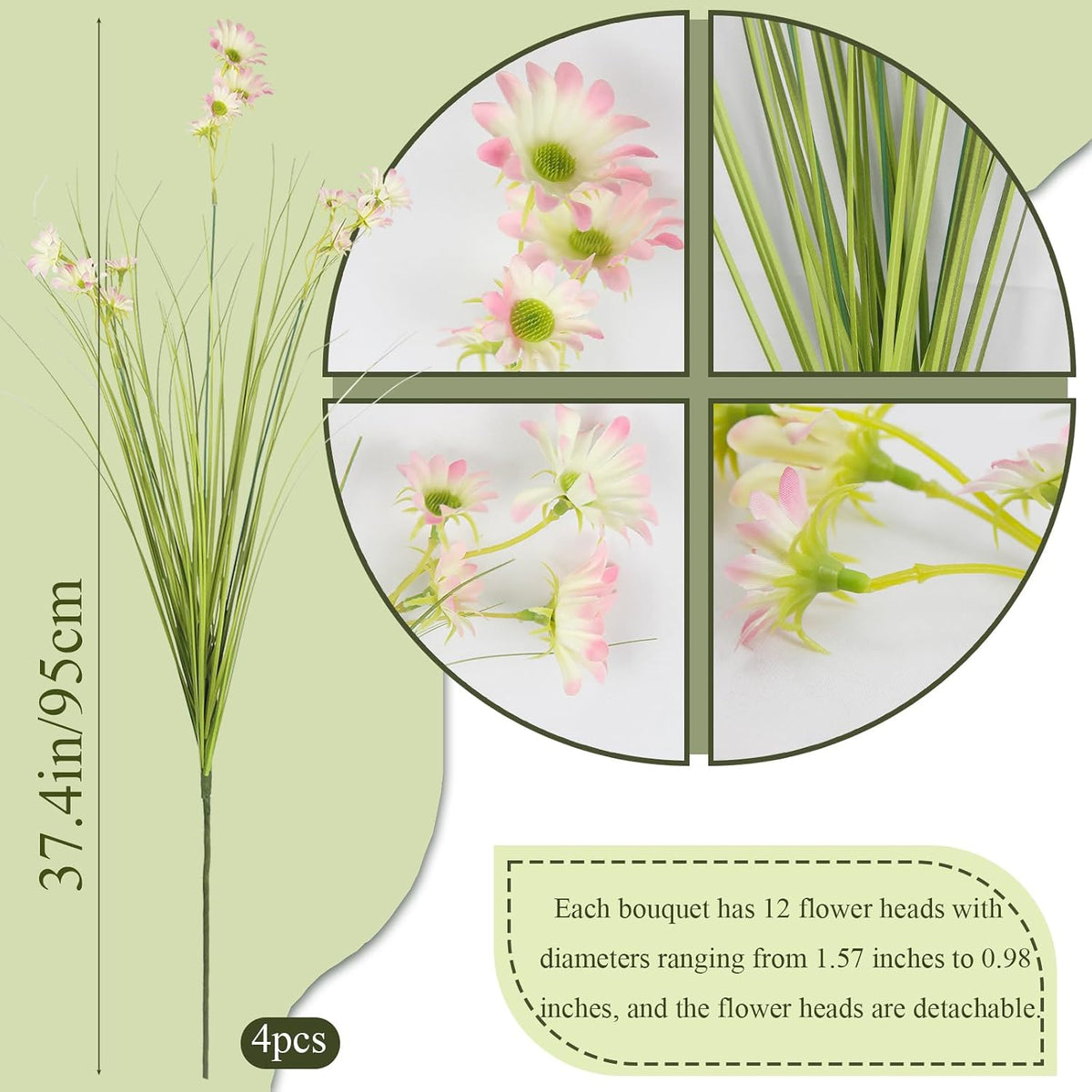 4 Pcs Artificial Plants Onion Grass Outdoor 37" Fake Tall Grass with Daisy Wildflowers Orange Artificial Wheat Grass Faux Shrubs Bush Greenery Stems for Indoor Garden Outside Office Home Decor
