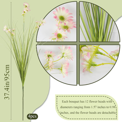 4 Pcs Artificial Plants Onion Grass Outdoor 37" Fake Tall Grass with Daisy Wildflowers Orange Artificial Wheat Grass Faux Shrubs Bush Greenery Stems for Indoor Garden Outside Office Home Decor